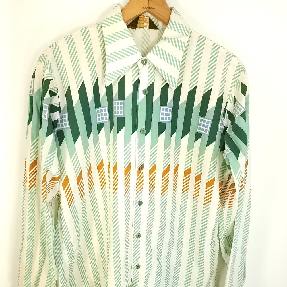 Vtg JCPenney Shirt Men's XL Multicolor Geometric Long Sleeve Button Front 70s